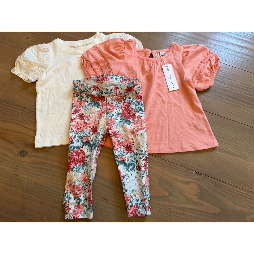 Janie and Jack Toddler Girls 3pc Set Floral Leggings and Puff Sleeve Tops 2T 18M